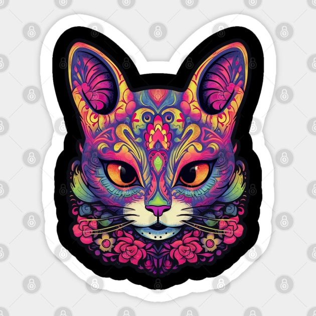 Tropical Sunrise Sugar Skull Cat Sticker by DanielLiamGill